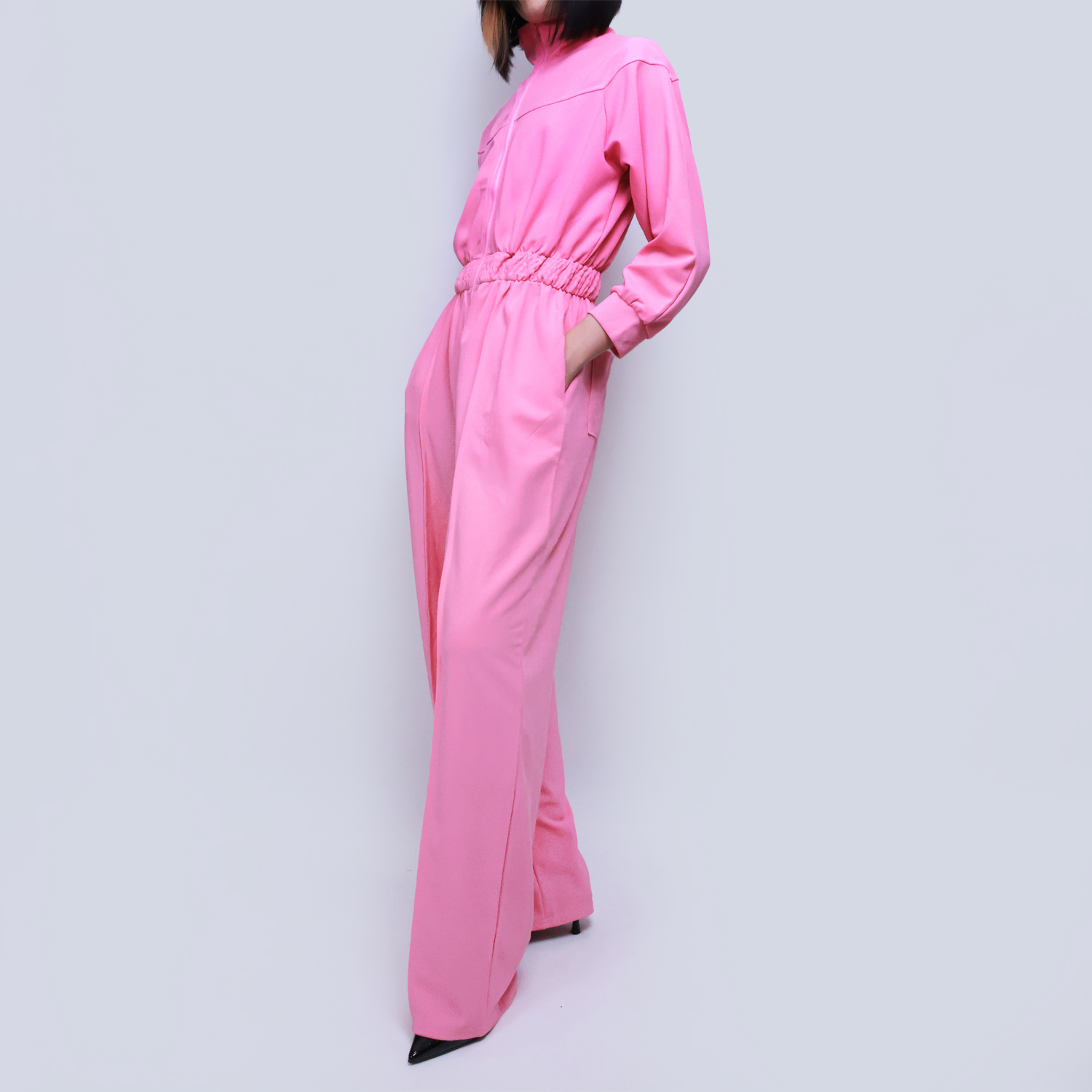 Pwest Women's Sportswear Stretch Zipper Knit Wide Leg Jumpsuit