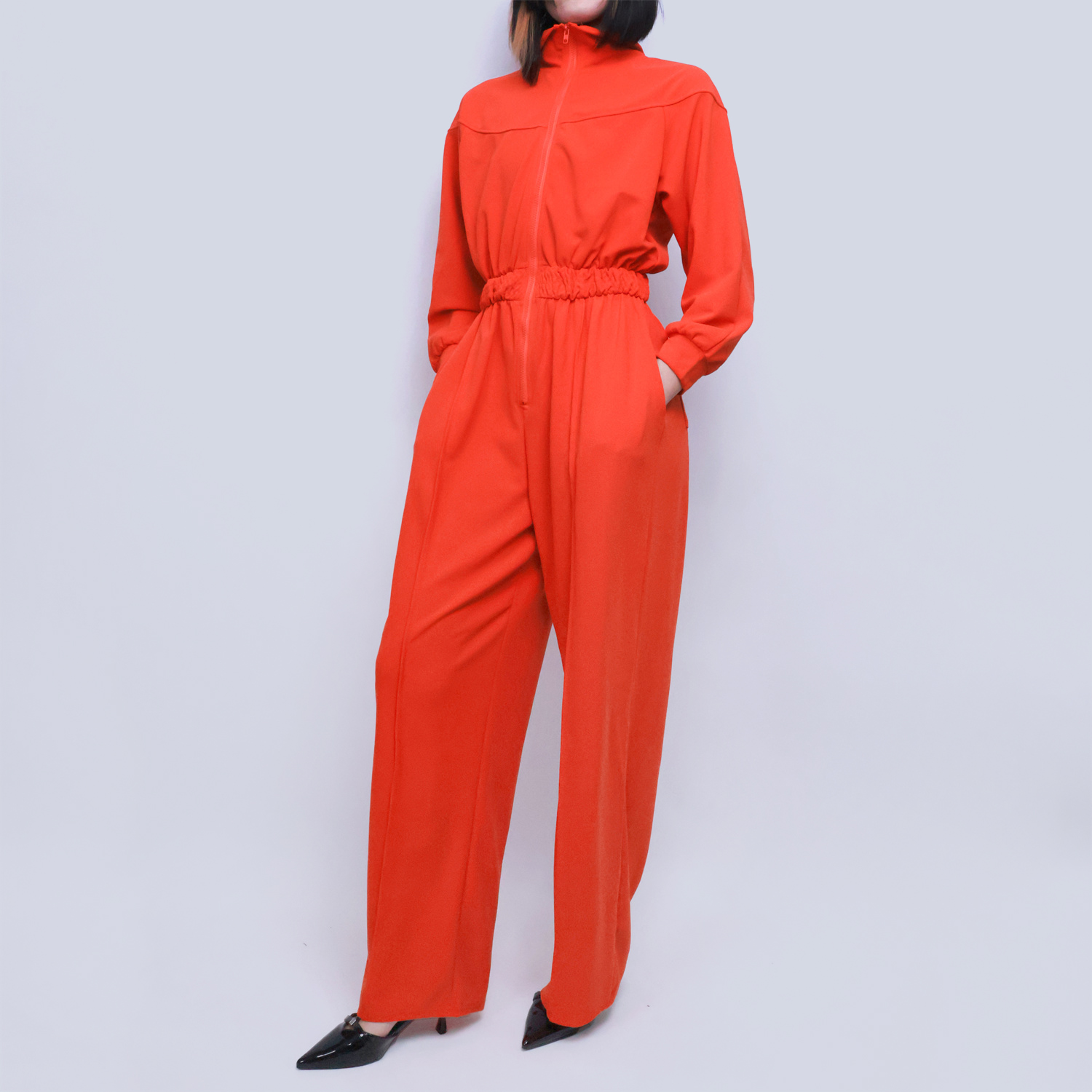 Pwest Women's Sportswear Stretch Zipper Knit Wide Leg Jumpsuit