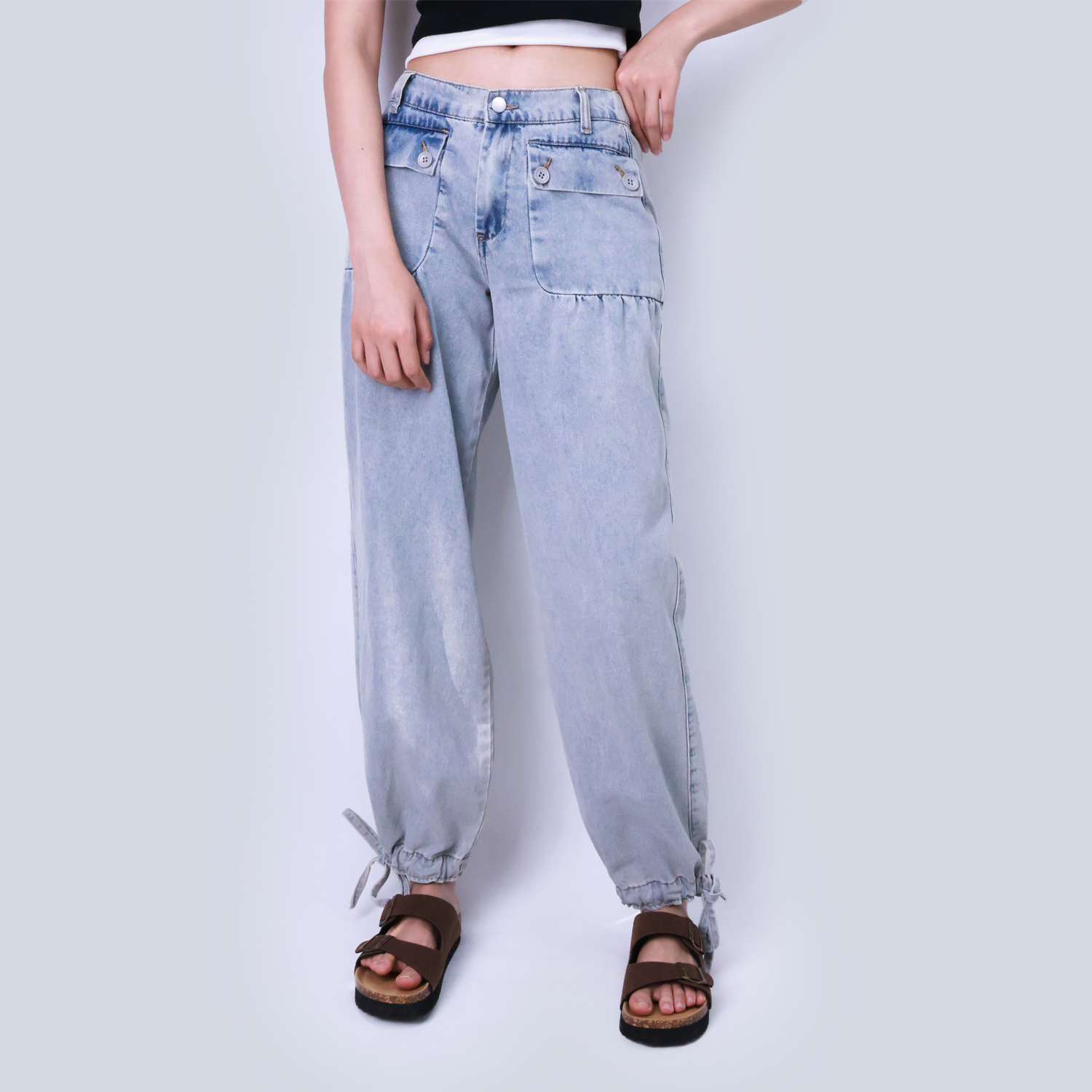 Pwest Stretchy mid-rise front pockets Comfortably loose ankle ties Lotus Tube Jeans