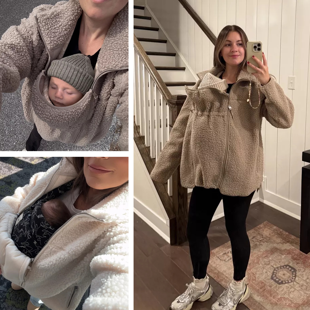 Pwest MAMA Women Before & After Babywearing Fleece Jacket Soft Teddy Fleece, Long-sleeve Zippered Jacket with Pocket, Detachable Babywearing Panel, Winter Warmth, 2 in 1 Design-Cream-BlackFriday