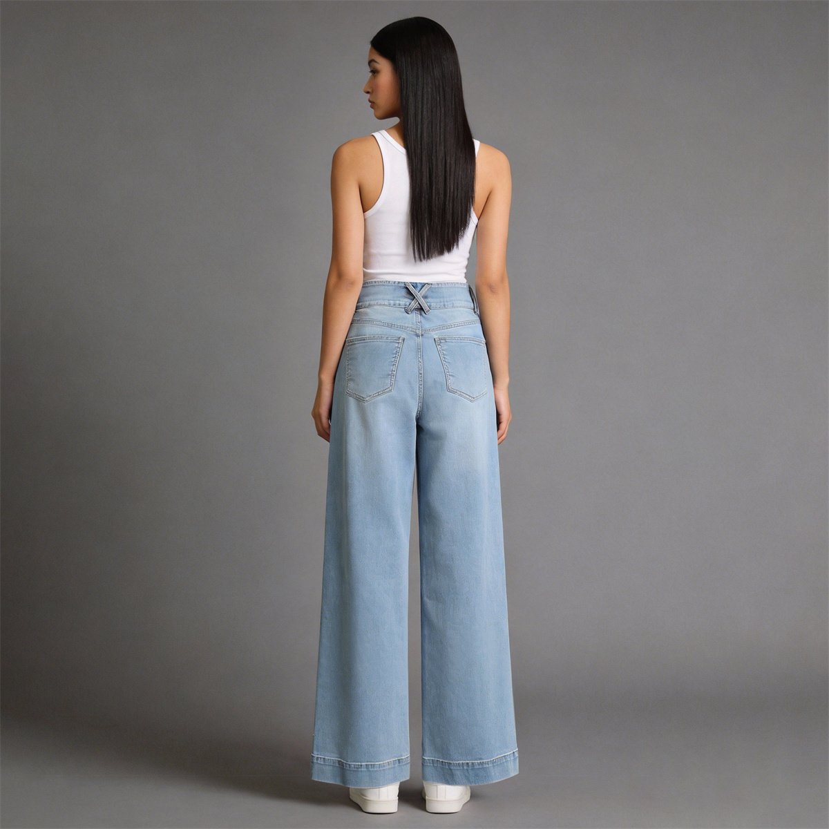 Pwest High Rise Double Button Wide Leg Jeans