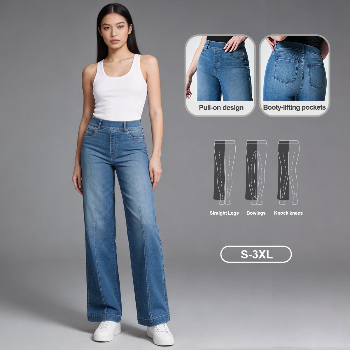 Pwest Seamed Front Pull-On Wide Leg Jeans