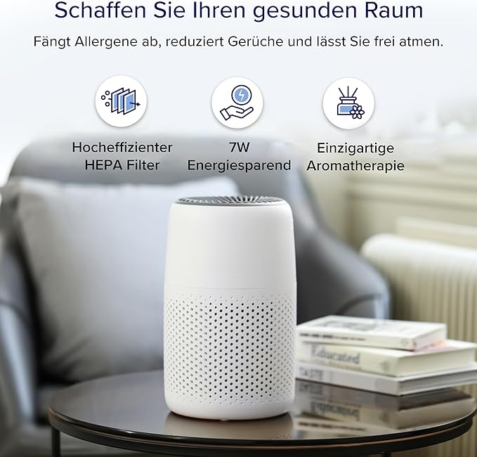 Luftreiniger Allergiker mit Aromatherapie,  Luftfilter gegen Schimmel, Staub und Tierhaare bis zu 0,3 μm für Schlafzimmer, 7 Watt Energiesparend, 3 Geschwindigkeiten, Wei?