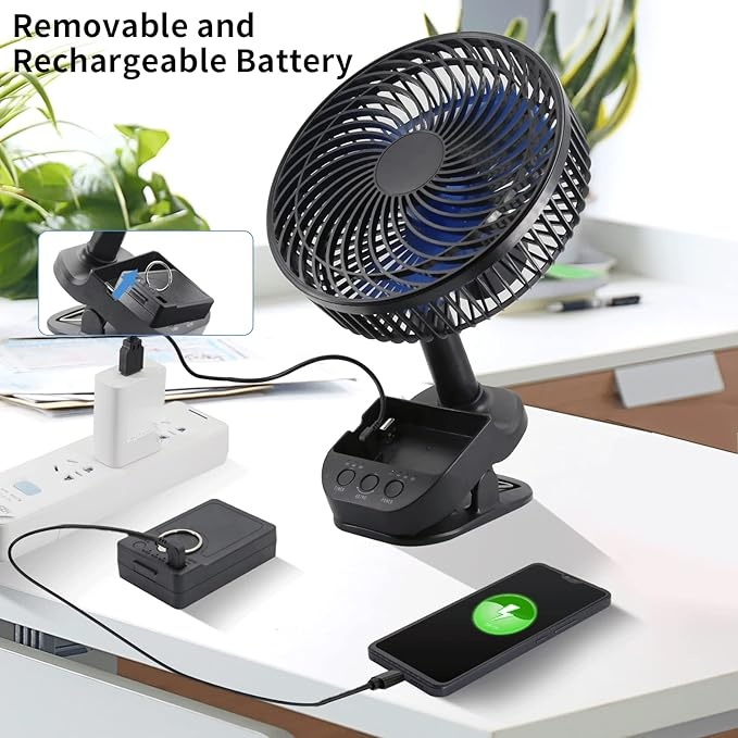 4 in 1 USB Ventilator, 8'' Clip Ventilator, 10000 mAh Tischventilator, 5-Gang Camping Ventilator, 45°/90° Drehung, Timer-Funktion, mit Clip & Haken, Deckenventilator für Zuhause, Büro