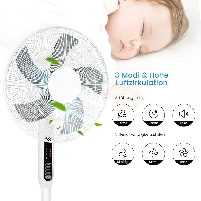 Standventilator Leise, 85° Schwenk Ventilator mit Fernbedienung, 3 Geschwindigkeitsstufen, 3 Modi, LED Anzeige, 7H Timer, 45W Kraftvoller