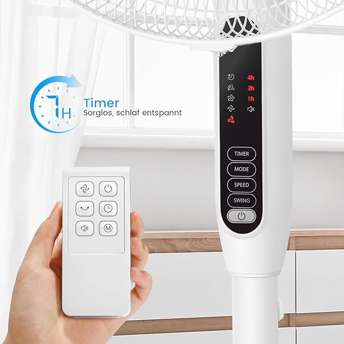 Standventilator Leise, 85° Schwenk Ventilator mit Fernbedienung, 3 Geschwindigkeitsstufen, 3 Modi, LED Anzeige, 7H Timer, 45W Kraftvoller