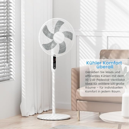 Standventilator Leise, 85° Schwenk Ventilator mit Fernbedienung, 3 Geschwindigkeitsstufen, 3 Modi, LED Anzeige, 7H Timer, 45W Kraftvoller