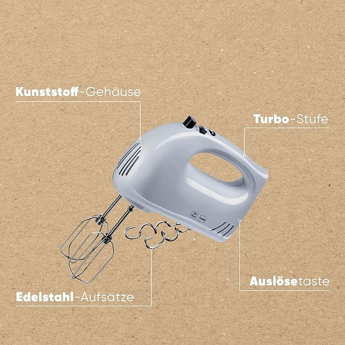 Handmixer, Handrührger?t mit 5 Geschwindigkeitsstufen, praktischer Handrührer mit 2 Edelstahl-Rührbesen und -Knethaken, wei?