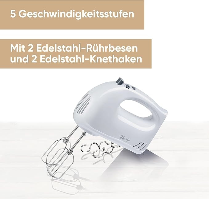 Handmixer, Handrührger?t mit 5 Geschwindigkeitsstufen, praktischer Handrührer mit 2 Edelstahl-Rührbesen und -Knethaken, wei?