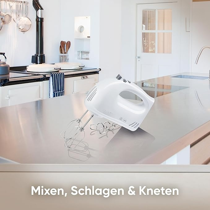 Handmixer, Handrührger?t mit 5 Geschwindigkeitsstufen, praktischer Handrührer mit 2 Edelstahl-Rührbesen und -Knethaken, wei?