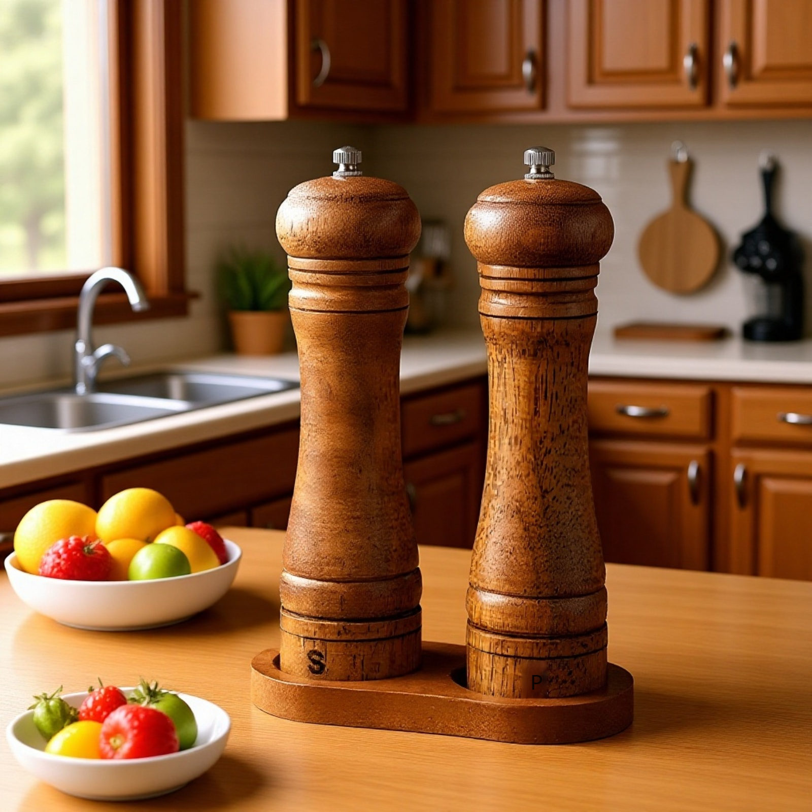 Pfeffermühle mit Sockel aus Massivholz im modernen Ambiente