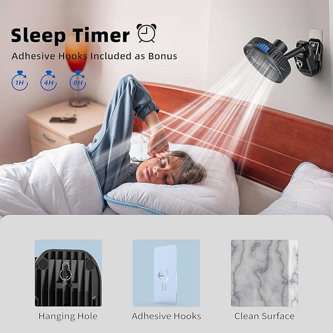 4 in 1 USB Ventilator, 8'' Clip Ventilator, 10000 mAh Tischventilator, 5-Gang Camping Ventilator, 45°/90° Drehung, Timer-Funktion, mit Clip & Haken, Deckenventilator für Zuhause, Büro