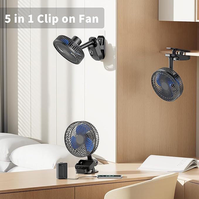 4 in 1 USB Ventilator, 8'' Clip Ventilator, 10000 mAh Tischventilator, 5-Gang Camping Ventilator, 45°/90° Drehung, Timer-Funktion, mit Clip & Haken, Deckenventilator für Zuhause, Büro