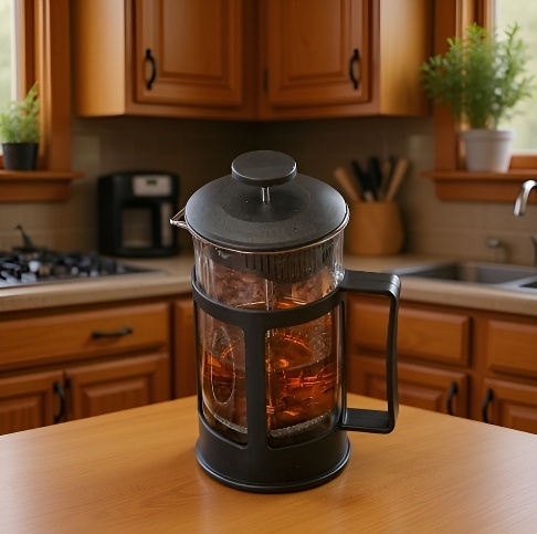 Detailansicht des Edelstahl-Kaffeebereiters mit feinmaschigem Sieb