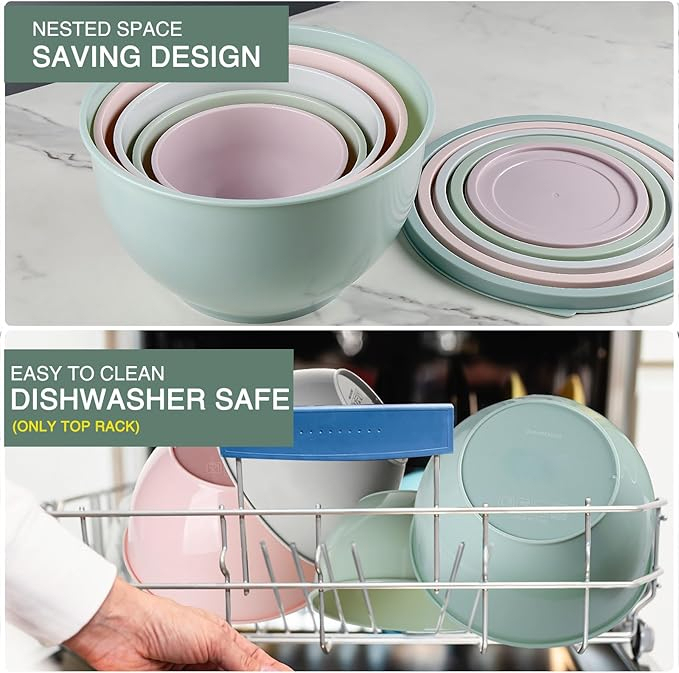 Salatschüssel Set mit Deckel, Rührschüsseln Set aus Kunststoff, Stapelbare Nesting-Schüssel-Set für Küche,Gro?e Schüsselset,Servierschalen ideal zum Mischen und Servieren,
