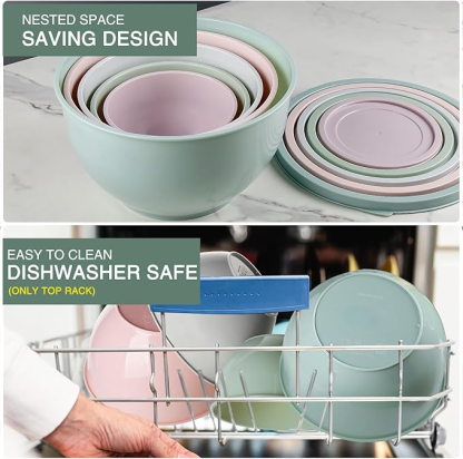 Salatschüssel Set mit Deckel, Rührschüsseln Set aus Kunststoff, Stapelbare Nesting-Schüssel-Set für Küche,Gro?e Schüsselset,Servierschalen ideal zum Mischen und Servieren,
