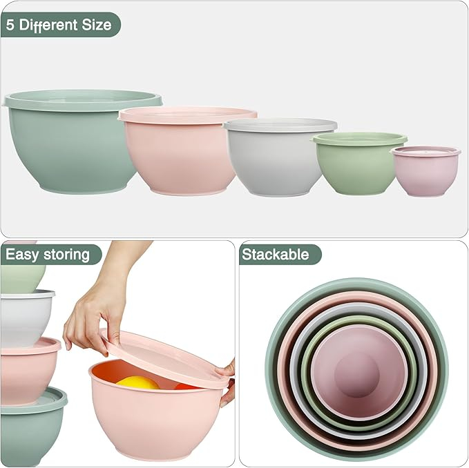 Salatschüssel Set mit Deckel, Rührschüsseln Set aus Kunststoff, Stapelbare Nesting-Schüssel-Set für Küche,Gro?e Schüsselset,Servierschalen ideal zum Mischen und Servieren,