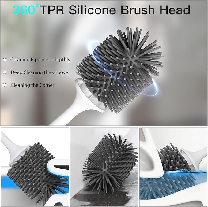 Klobürste Silikon, mit Schnell Trocknendem St?nder und Auslaufsicherer Basis, WC-Bürste Silikon Sauber Ohne Tote Ecken, Klobürstenhalter Wandmontage & Stehen