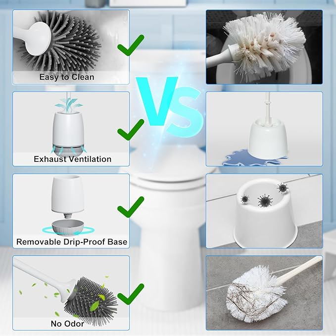 Klobürste Silikon, mit Schnell Trocknendem St?nder und Auslaufsicherer Basis, WC-Bürste Silikon Sauber Ohne Tote Ecken, Klobürstenhalter Wandmontage & Stehen