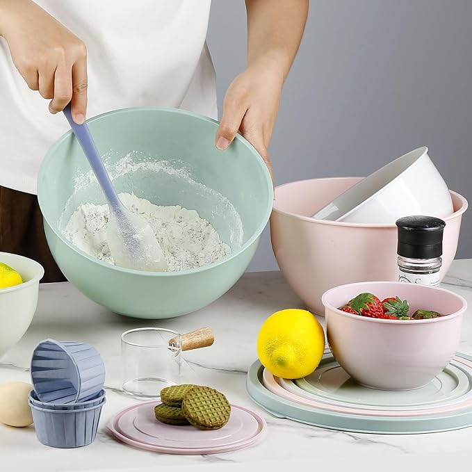 Salatschüssel Set mit Deckel, Rührschüsseln Set aus Kunststoff, Stapelbare Nesting-Schüssel-Set für Küche,Gro?e Schüsselset,Servierschalen ideal zum Mischen und Servieren,