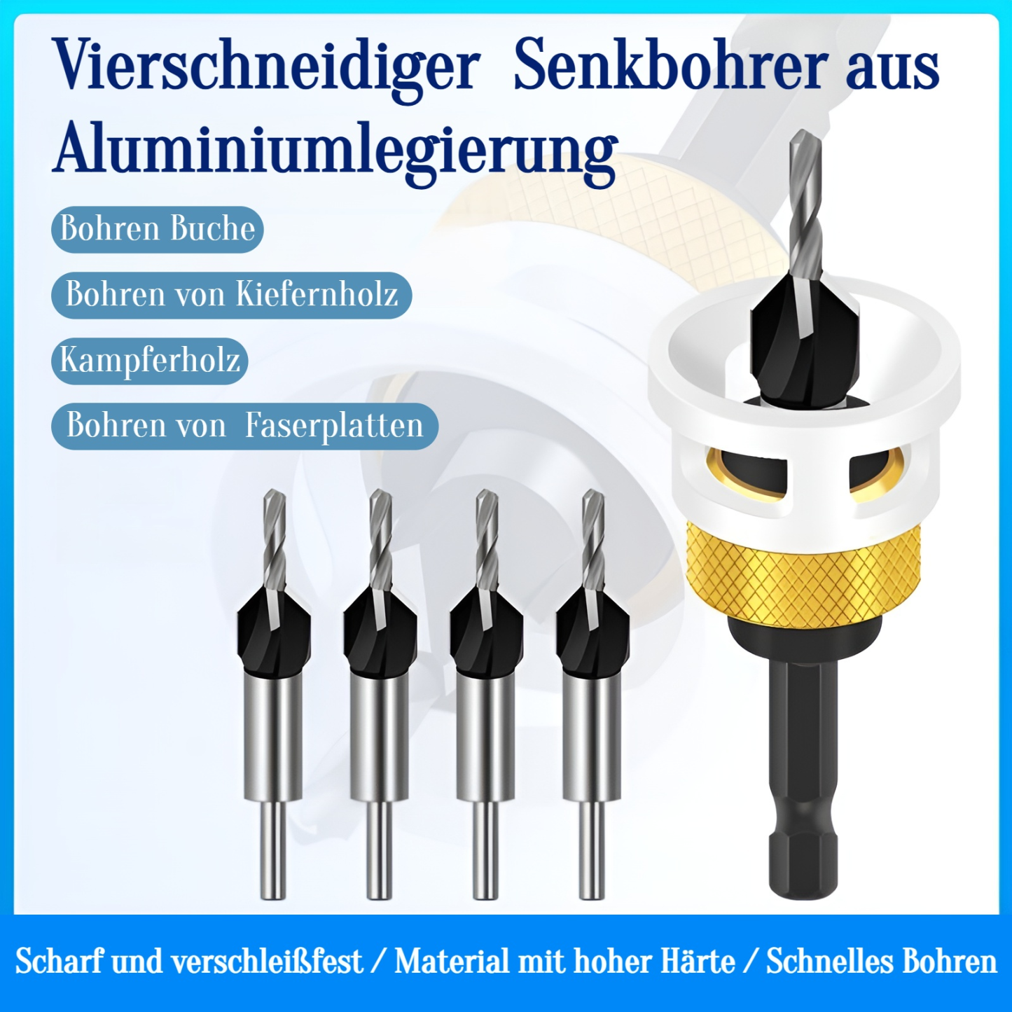 Holzbearbeitungs-Senkbohrer mit vier Schneiden, Kegellochbohrer mit Legierungskopf