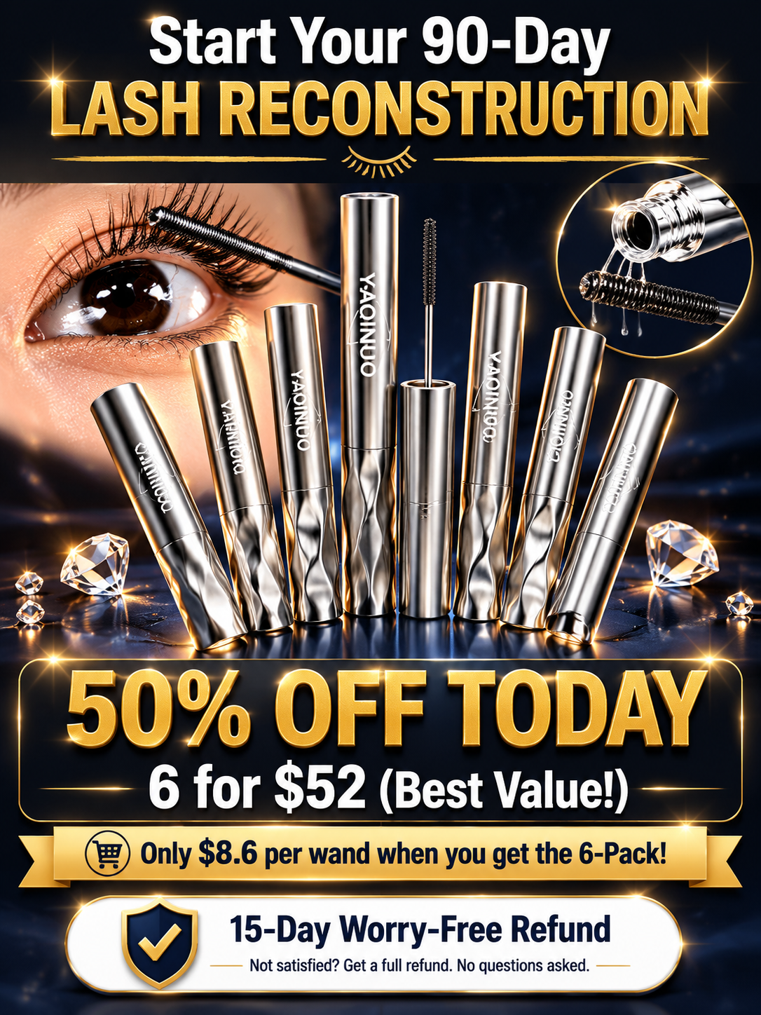 0.33mm Sterile Metal Wand Lash Extension Peptide Serum Mascara: 24H Waterproof - Clump-Free