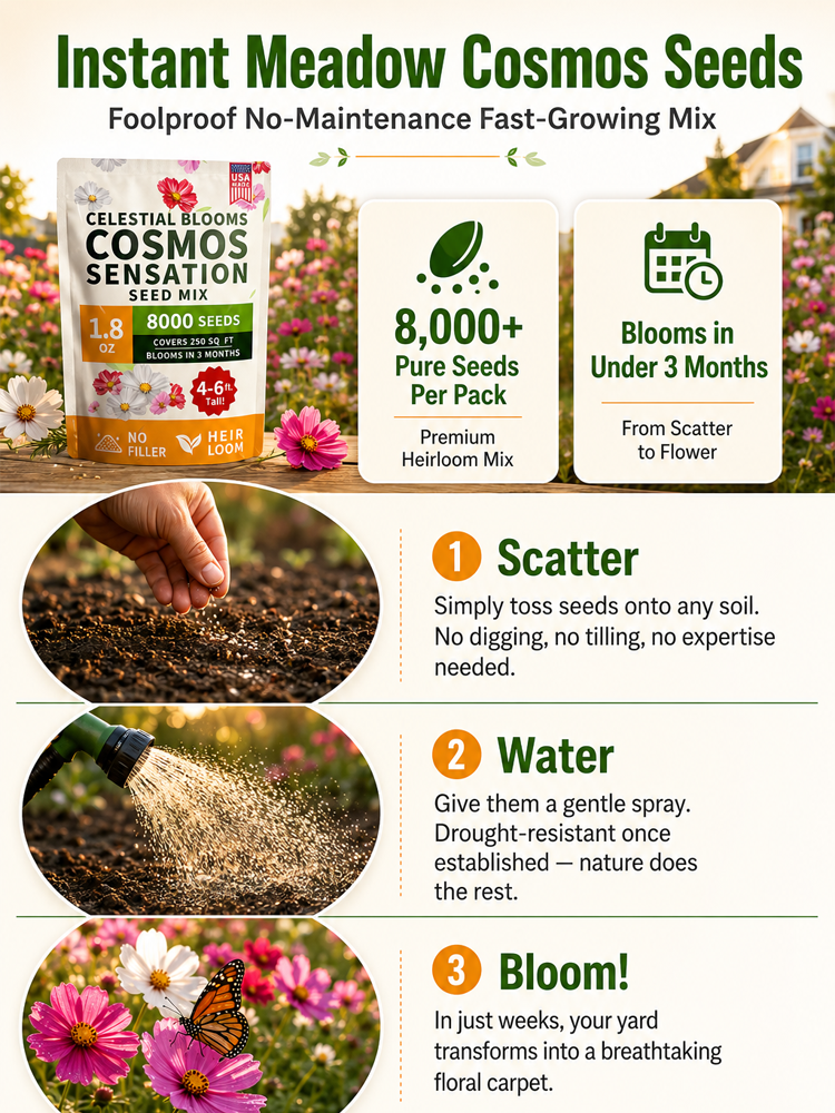 [Instant Meadow] 8000+ Heirloom Cosmos Sensation Seed Mix - Easy Grow - Covers 250 Sq Ft