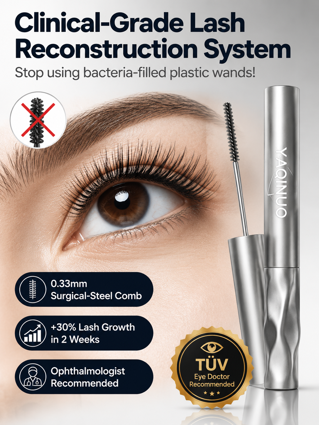0.33mm Sterile Metal Wand Lash Extension Peptide Serum Mascara: 24H Waterproof - Clump-Free