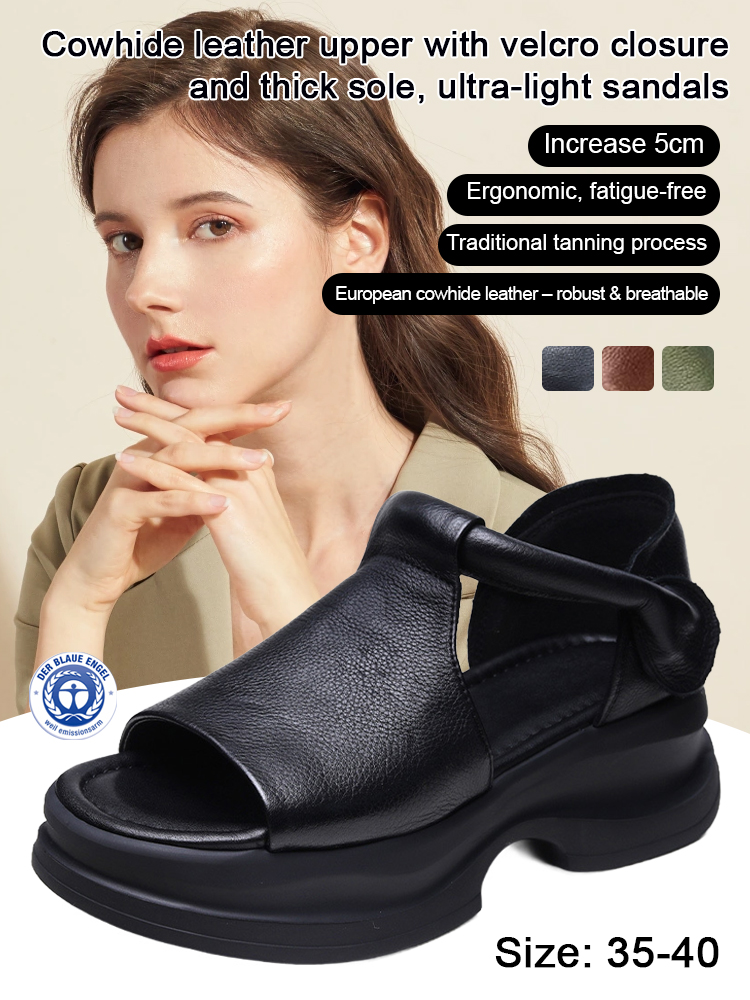 Cowhide leather upper with velcro closure and thick sole, ultra-light sandals
