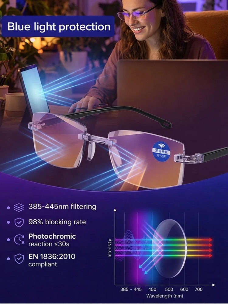 Smart Auto Zoom Reading Glasses Blue Light Blocking Photochromic 10-Year Warranty