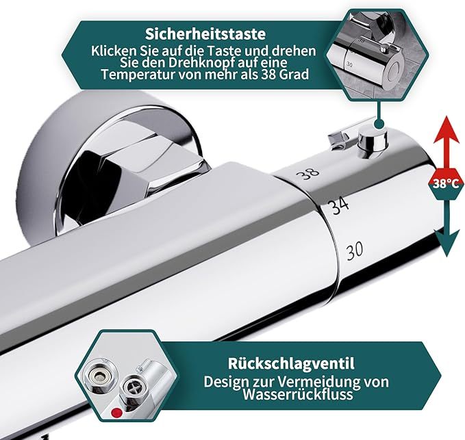 Duscharmatur Mit Thermostat, Mischbatterie Dusche Thermostat, Armatur Dusche, Brausestange mit Verbrühungsschutzventil, Chrom, Messing