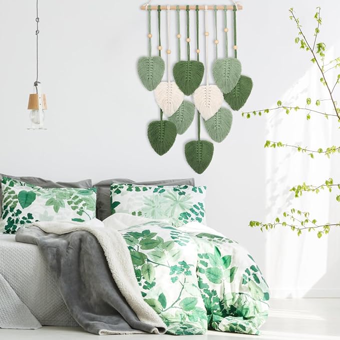 Wandbehang Wandteppich Boho Deko Makramee Wandteppich mit Holzperlen und Grün Bl?tter Tapisserie Wandbehang Boho für Schlafzimmer Kinderzimmer Wanddeko