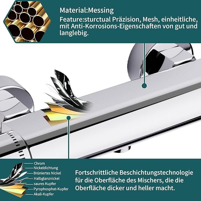 Duscharmatur Mit Thermostat, Mischbatterie Dusche Thermostat, Armatur Dusche, Brausestange mit Verbrühungsschutzventil, Chrom, Messing
