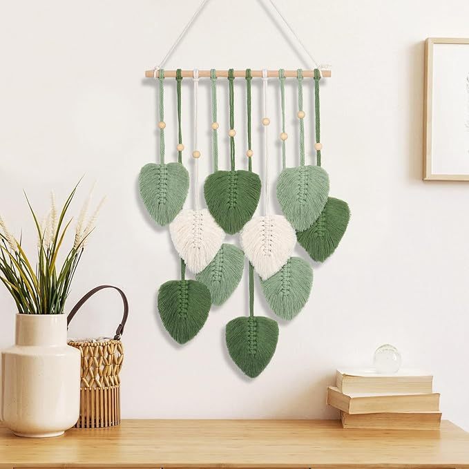 Wandbehang Wandteppich Boho Deko Makramee Wandteppich mit Holzperlen und Grün Bl?tter Tapisserie Wandbehang Boho für Schlafzimmer Kinderzimmer Wanddeko