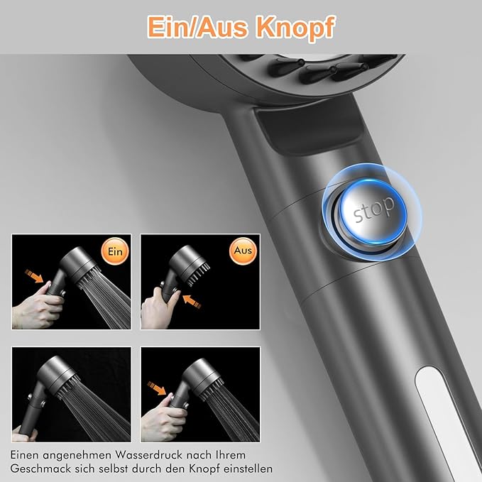 Duschkopf mit Filter  Hochdruck Handbrause mit Filtration in 15 Schichten 1,5M Schlauch 3 Strahlarten Sparduschkopf für Entfernen vom harten Wasser, Rest-Chlor, Bakterien und Schwermetall