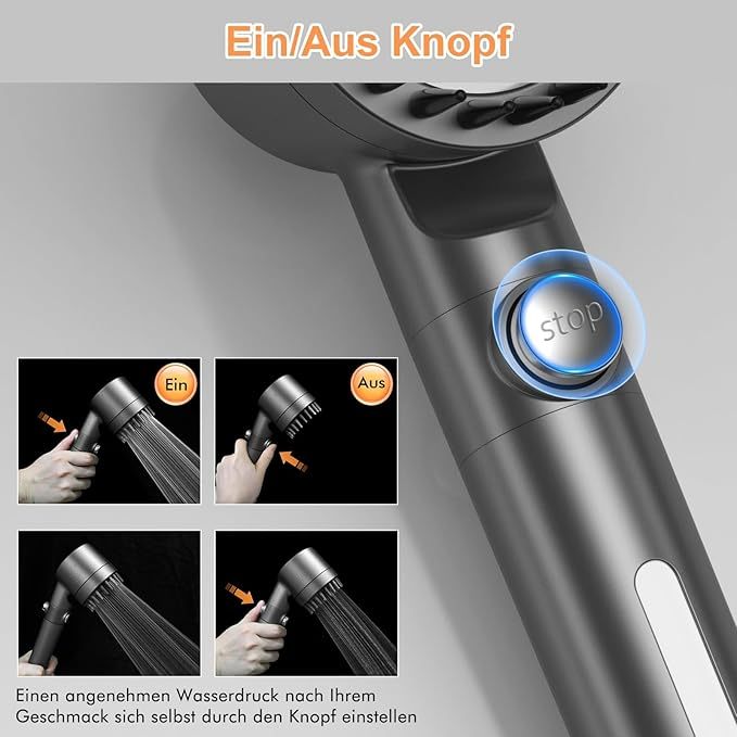 Duschkopf mit Filter  Hochdruck Handbrause mit Filtration in 15 Schichten 1,5M Schlauch 3 Strahlarten Sparduschkopf für Entfernen vom harten Wasser, Rest-Chlor, Bakterien und Schwermetall