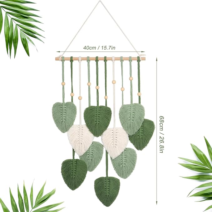 Wandbehang Wandteppich Boho Deko Makramee Wandteppich mit Holzperlen und Grün Bl?tter Tapisserie Wandbehang Boho für Schlafzimmer Kinderzimmer Wanddeko