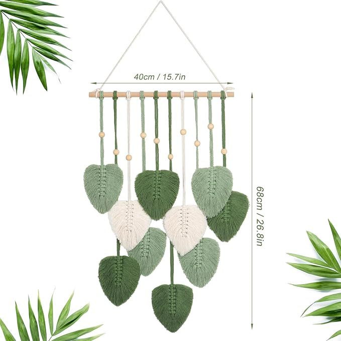 Wandbehang Wandteppich Boho Deko Makramee Wandteppich mit Holzperlen und Grün Bl?tter Tapisserie Wandbehang Boho für Schlafzimmer Kinderzimmer Wanddeko