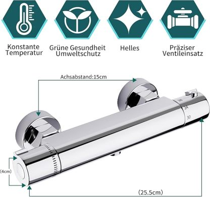 Duscharmatur Mit Thermostat, Mischbatterie Dusche Thermostat, Armatur Dusche, Brausestange mit Verbrühungsschutzventil, Chrom, Messing