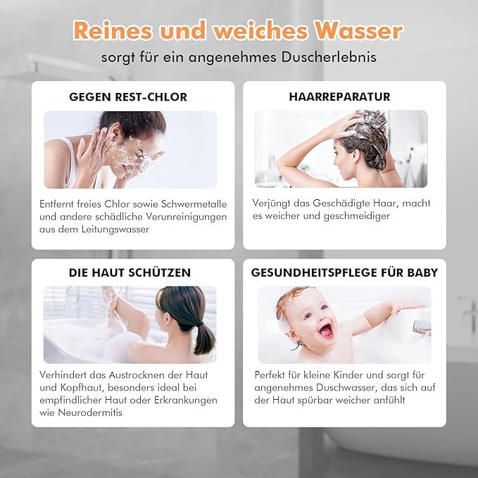 Duschkopf mit Filter  Hochdruck Handbrause mit Filtration in 15 Schichten 1,5M Schlauch 3 Strahlarten Sparduschkopf für Entfernen vom harten Wasser, Rest-Chlor, Bakterien und Schwermetall