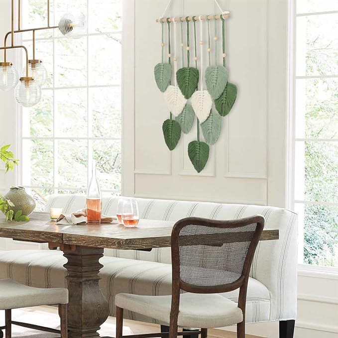 Wandbehang Wandteppich Boho Deko Makramee Wandteppich mit Holzperlen und Grün Bl?tter Tapisserie Wandbehang Boho für Schlafzimmer Kinderzimmer Wanddeko