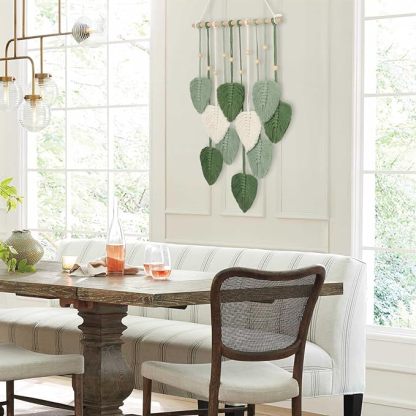 Wandbehang Wandteppich Boho Deko Makramee Wandteppich mit Holzperlen und Grün Bl?tter Tapisserie Wandbehang Boho für Schlafzimmer Kinderzimmer Wanddeko