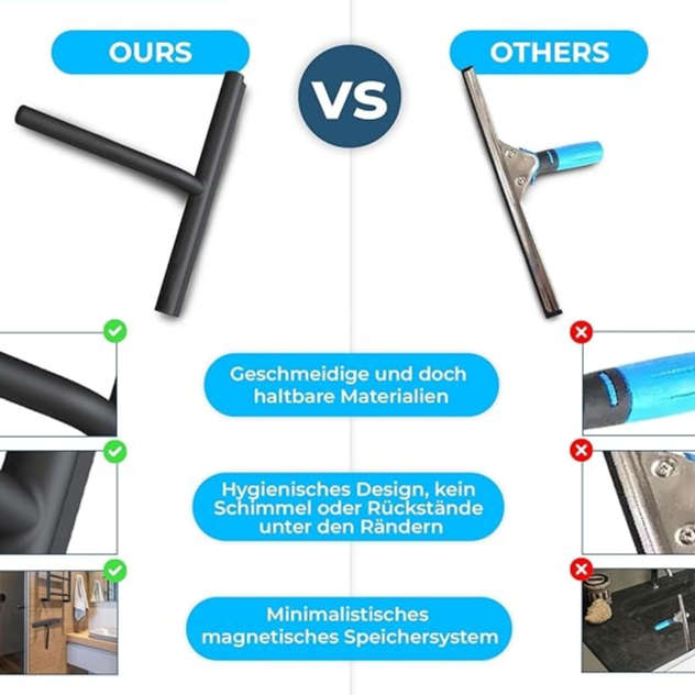 Duschabzieher - Abzieher für Dusche, Bad, Fliesen, Spiegel, Fenster - inkl. Magnet-Halterung ohne Bohren, selbstklebend - Modernes Design in edlem (21 cm, Schwarz)