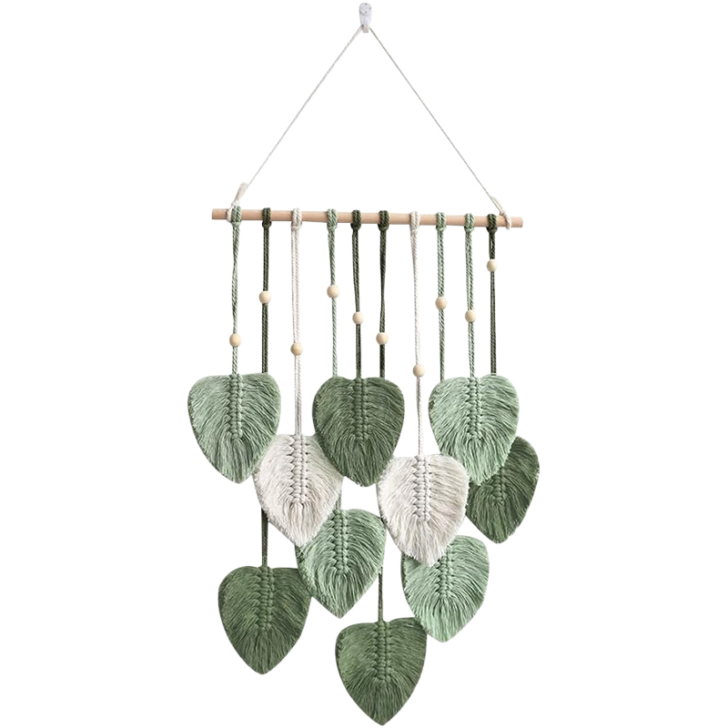 Wandbehang Wandteppich Boho Deko Makramee Wandteppich mit Holzperlen und Grün Bl?tter Tapisserie Wandbehang Boho für Schlafzimmer Kinderzimmer Wanddeko