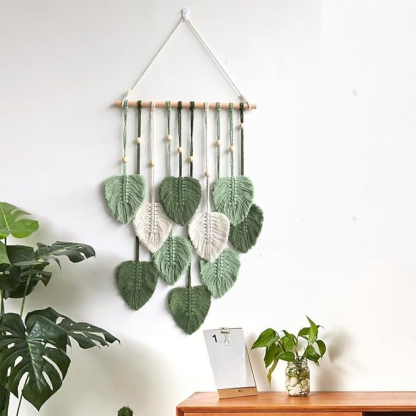 Wandbehang Wandteppich Boho Deko Makramee Wandteppich mit Holzperlen und Grün Bl?tter Tapisserie Wandbehang Boho für Schlafzimmer Kinderzimmer Wanddeko