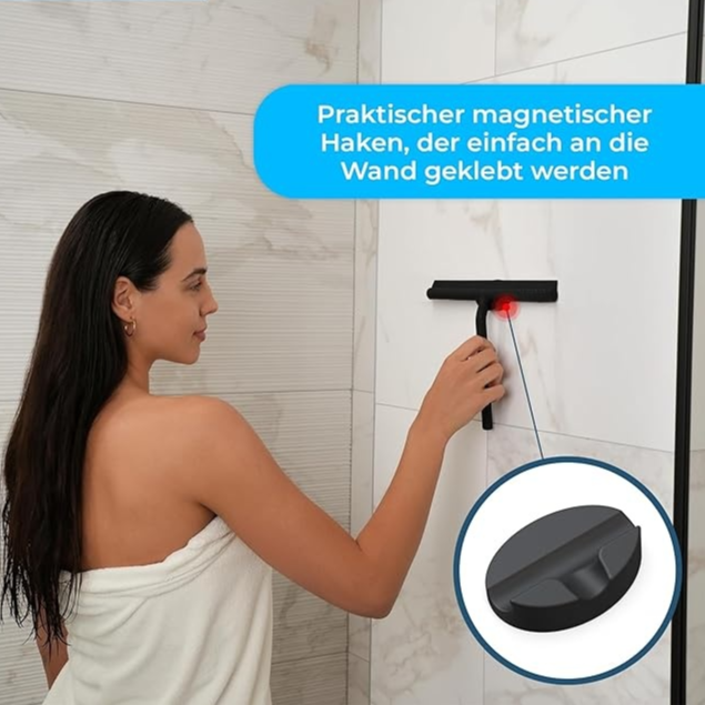 Duschabzieher - Abzieher für Dusche, Bad, Fliesen, Spiegel, Fenster - inkl. Magnet-Halterung ohne Bohren, selbstklebend - Modernes Design in edlem (21 cm, Schwarz)