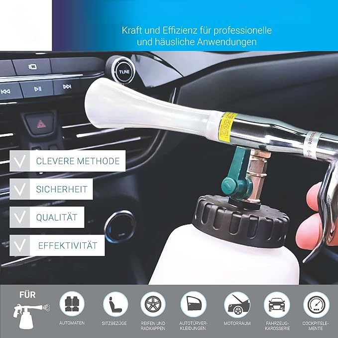 Druckluft Reinigungspistole Classic - Wirbelwind-Effekt für effiziente Schmutzentfernung im Auto - mit 1-Liter-Beh?lter, Trichter und Trichter mit Bürste
