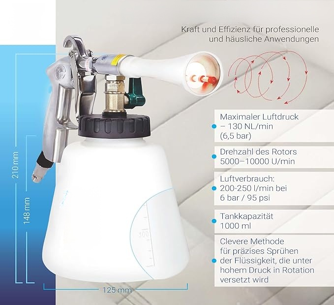 Druckluft Reinigungspistole Classic - Wirbelwind-Effekt für effiziente Schmutzentfernung im Auto - mit 1-Liter-Beh?lter, Trichter und Trichter mit Bürste