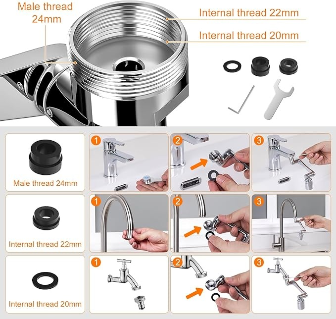 Wasserhahn Aufsatz Verl?ngerung Drehbarer 1440°, Wassersparendem Strahlregler für Küche Badezimmer, Rotierender Wasserhahn Schwenkbarer, Messing