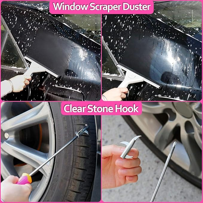 Rosa Auto Reinigungs Set innen und au?en, Autowaschset für Frauen - Reinigungsgel, Mikrofaser-Reinigungstuch, Autowaschhandschuh, Staubtuch, Rakel, Mikrofaser-Wachsapplikator (17 Stück)